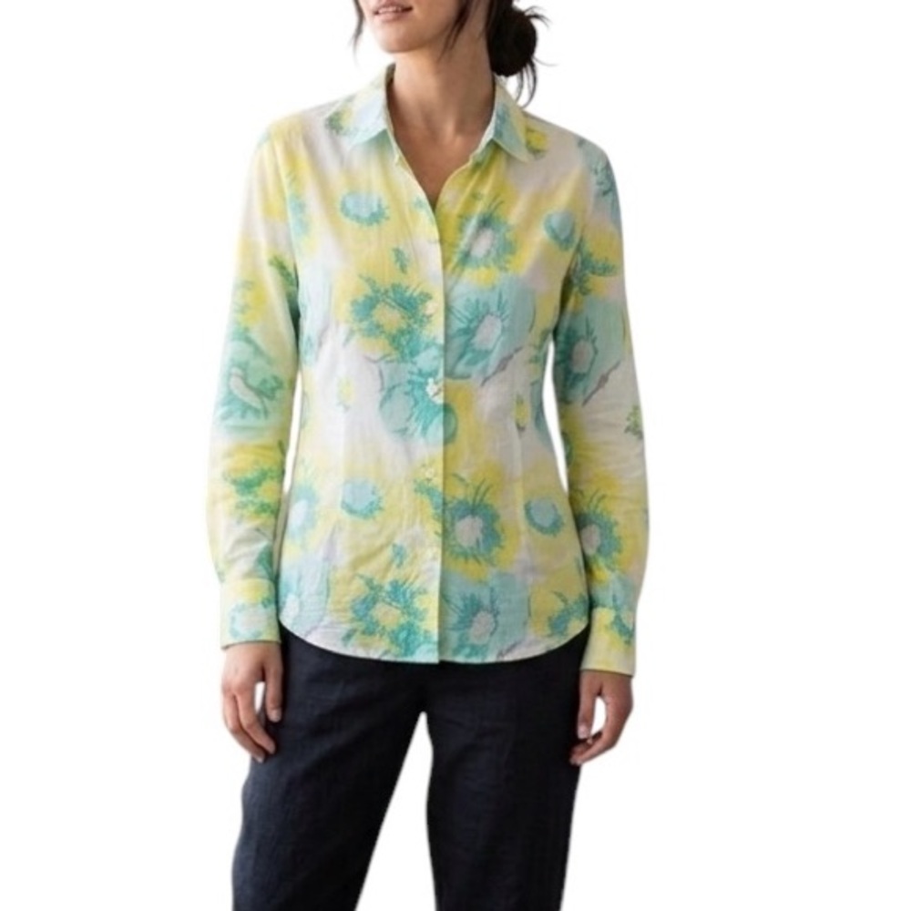 Ann Taylor LOFT Green Yellow Floral Semi Sheer Button Down Shirt XS Oversized